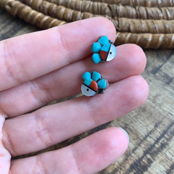 Genuine vintage silver Navajo turquoise, coral and mother of pearl earrings - Picture 7 of 7